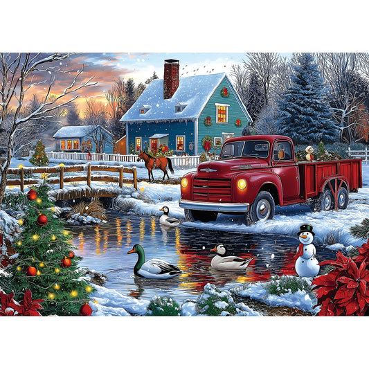 Blueforest Christmas Winter Scene puzzle featuring a red truck and snowy farmhouse for cozy family bonding