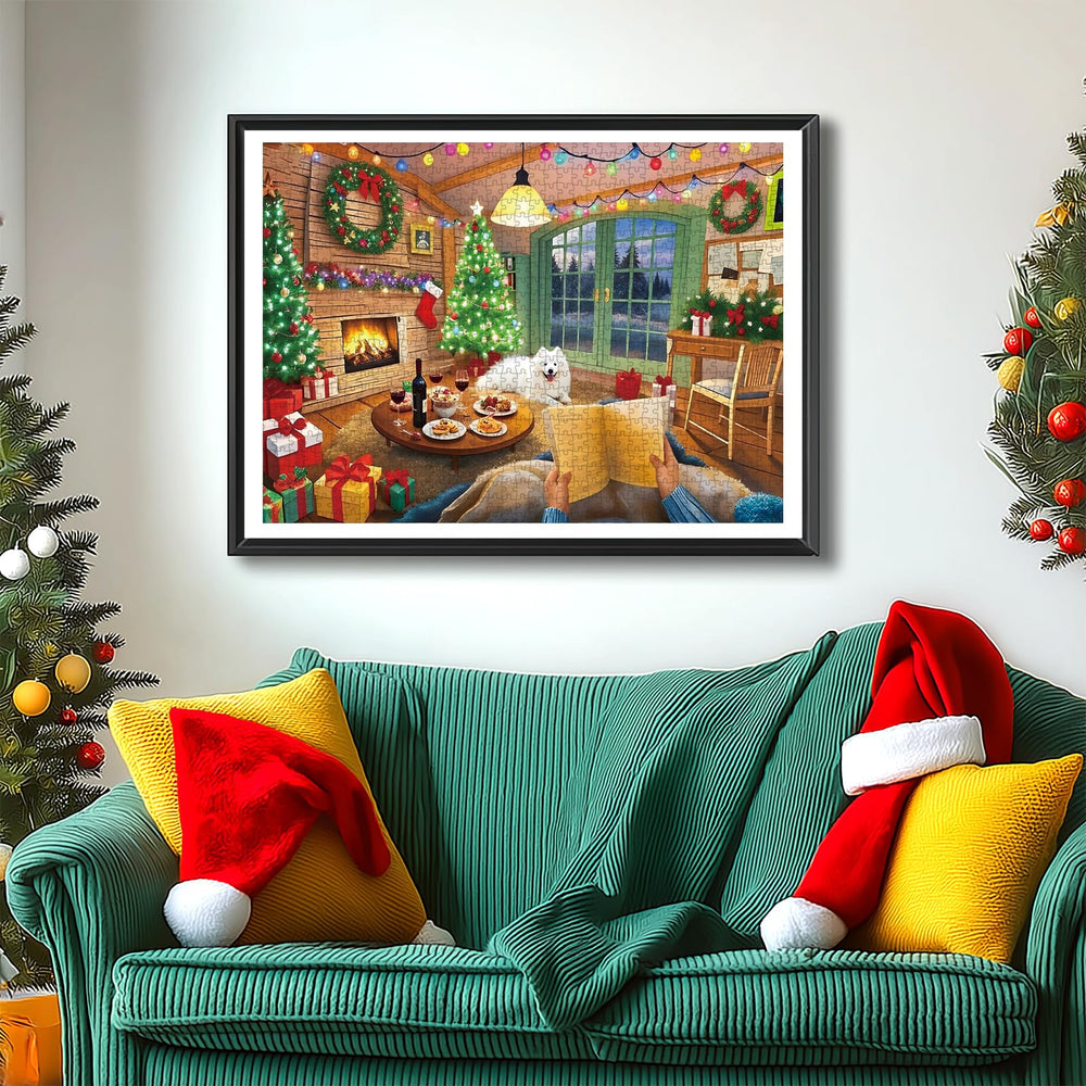 Blueforest dog by the fireplace adds warm holiday ambiance