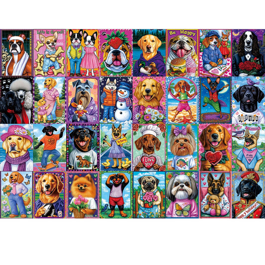 Blueforest Dog Collage puzzle shows vibrant dog portraits for family game night.