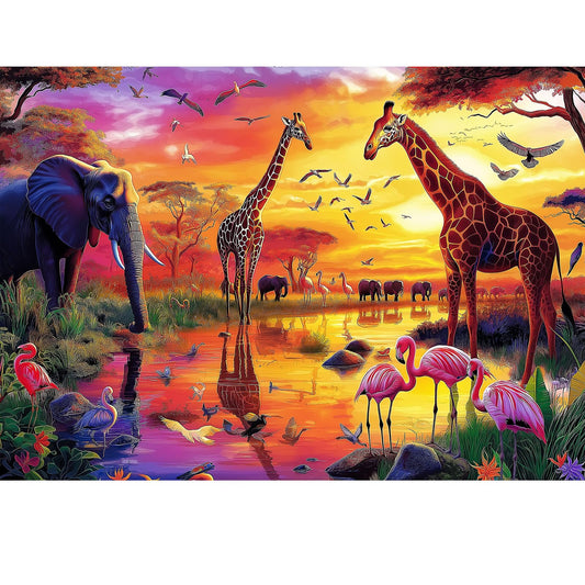 Blueforest elephants puzzle, vibrant savanna sunset, ideal for family game night.