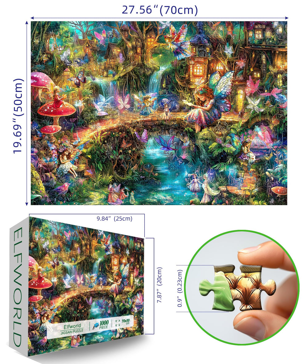 Blueforest elf village detailed art, a captivating puzzle of intricate village scenes.