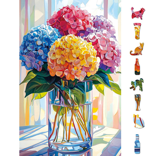 Blueforest hydrangeas puzzle artwork with vibrant colors for mindful relaxation.