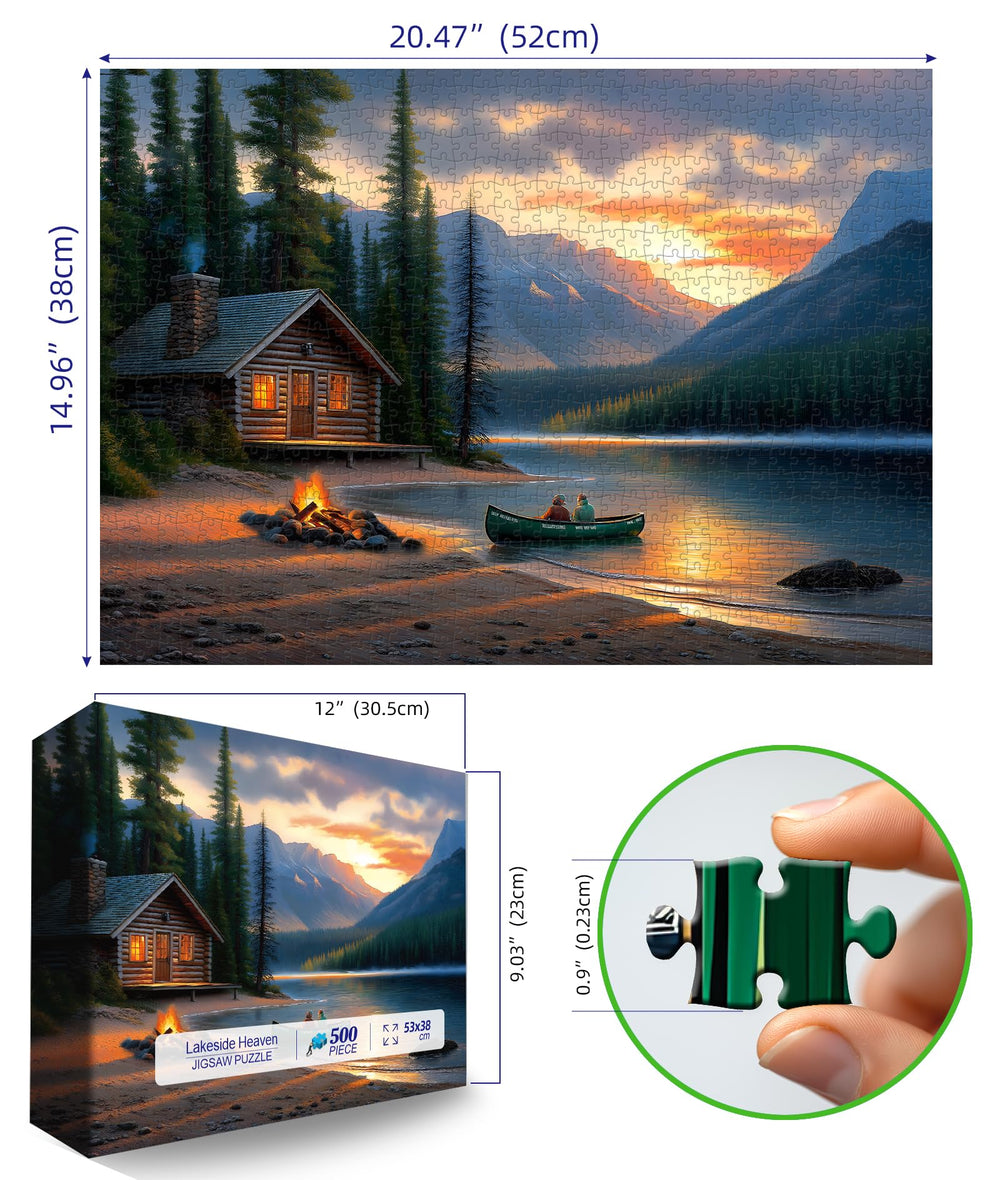 Blueforest log cabin panoramic puzzle for focus and calm evenings.