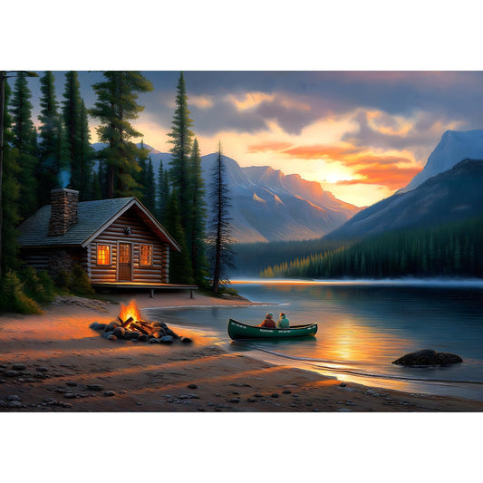 Blueforest Mountain Lake puzzle with panoramic log cabin scene, ideal for mindful relaxation.