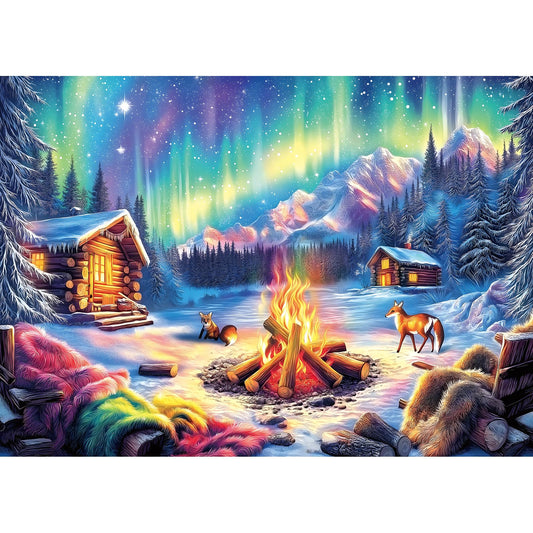 Blueforest 1000-piece puzzle showing northern lights over a snowy landscape for calm focus.