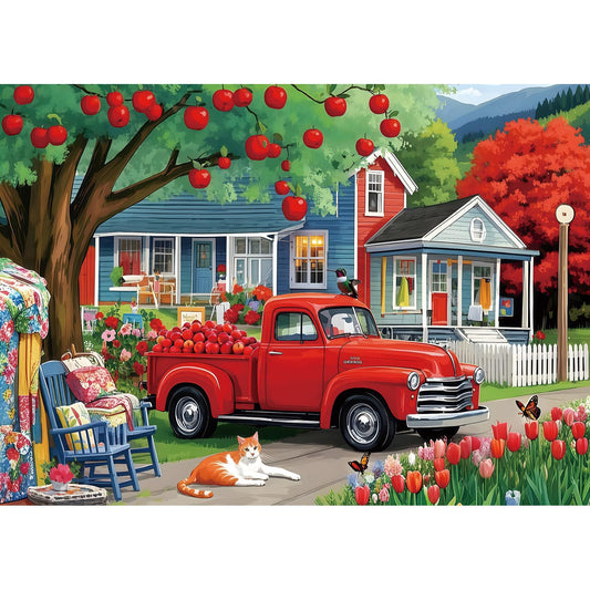 Blueforest 1000 piece puzzle shows a red truck with apples, ideal for cozy family nights.
