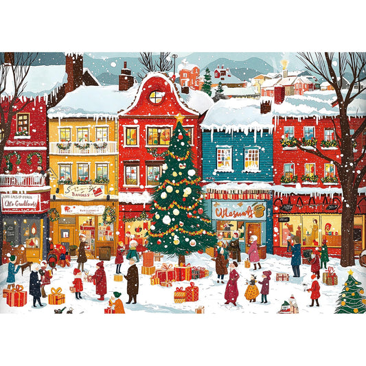 Blueforest snowy town puzzle cover—festive scene ideal for cozy holiday gatherings