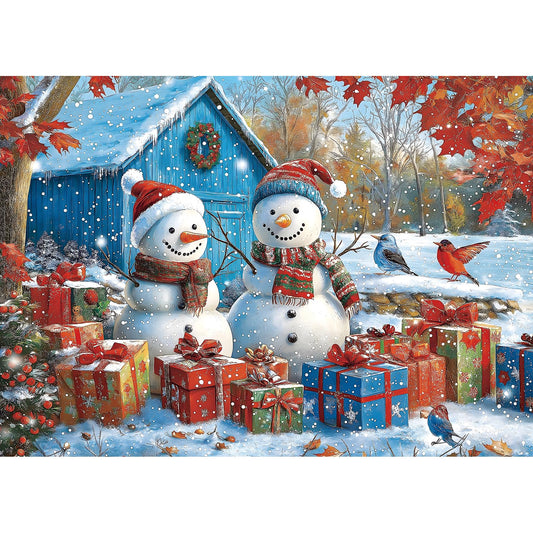 Blueforest Winter Snowman Puzzle front view with two cheerful snowmen for cozy family puzzling.