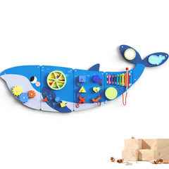 BlueWood Whale wall busy board main view promotes hands-on learning and exploration.