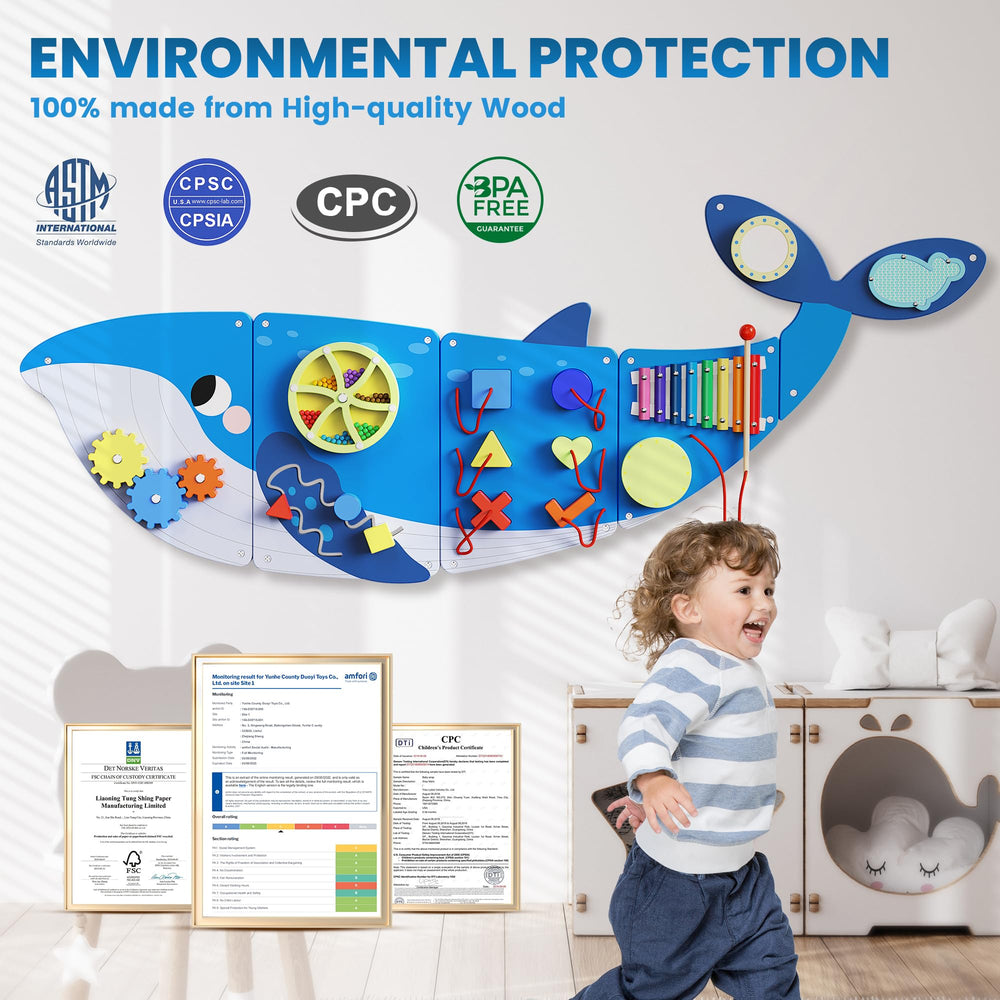 BlueWood Whale zippers and strings foster tactile engagement and concentration.