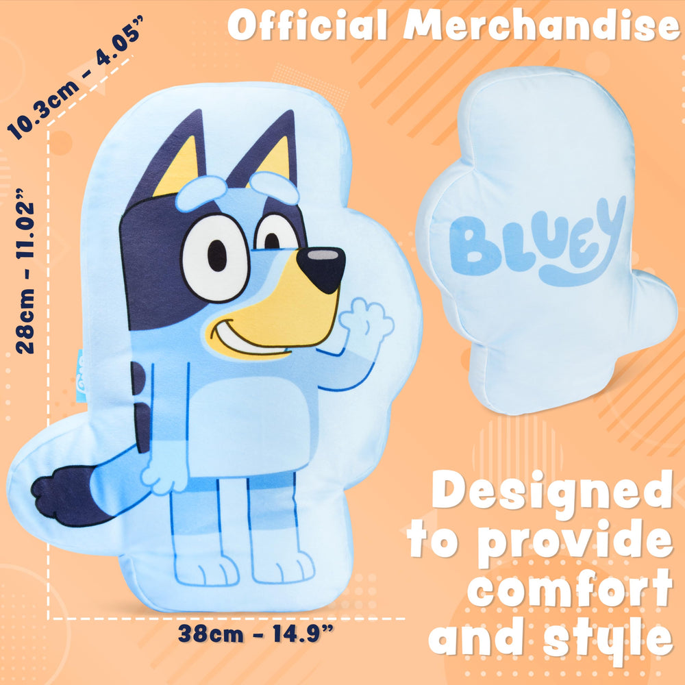 Bluey official merchandise plush pillow with vibrant colors and friendly features.