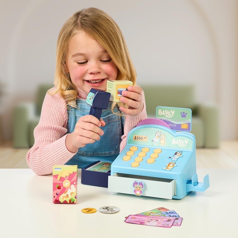 Bluey cash register playset sized for little hands, easy to carry