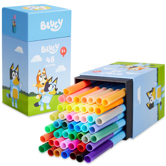 Bluey Colouring Pens 48-piece set displayed in the themed box for organized art time.