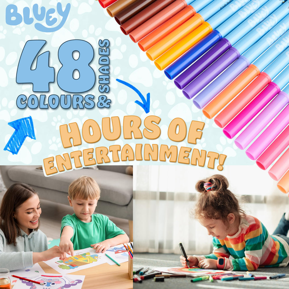 Bluey 48-piece color swatches highlight the vibrant palette for creative projects.