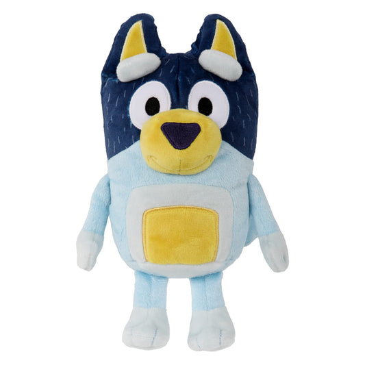 Bluey Dad Bandit plush front view shows soft fabric for cuddly hugs.