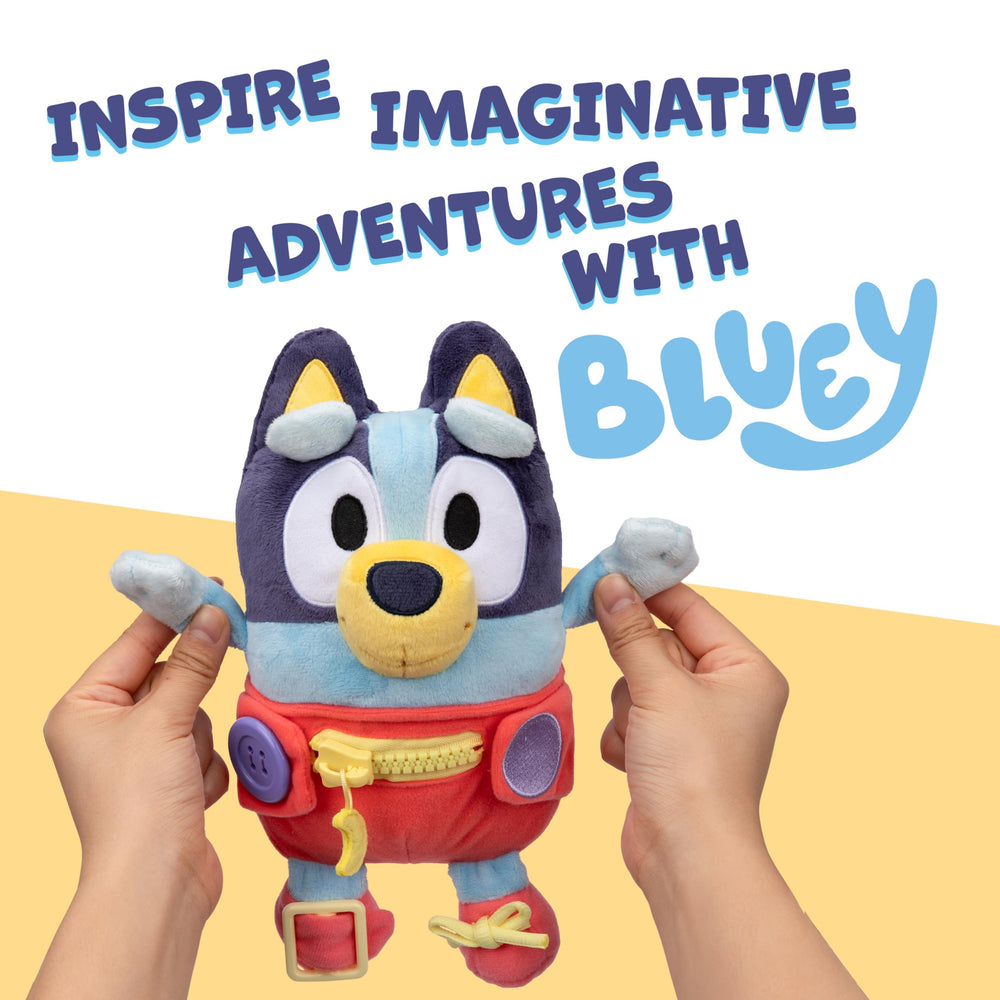 Bluey Dress and Play plush uses soft deluxe fabric for cuddle-friendly play.