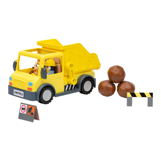 Bluey dump truck playset with tilting bed for loading boulders.