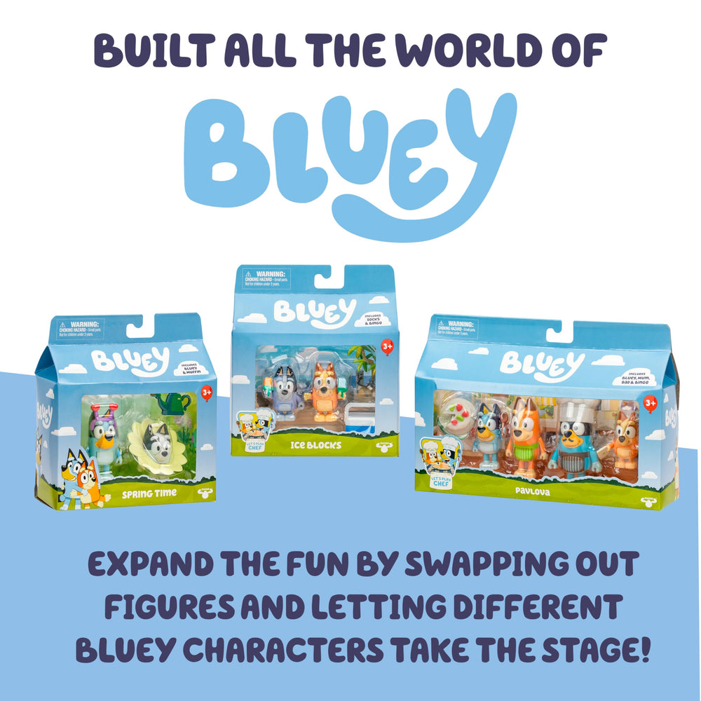 Bluey family-friendly playset supports imaginative play for kids aged 3 and up.