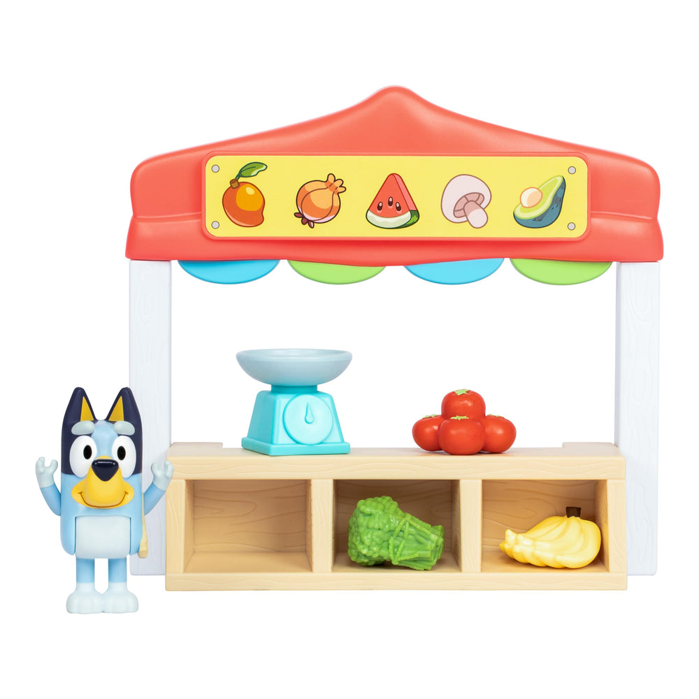 Bluey Farmers Market Playset exclusive figure for imaginative pretend shopping.