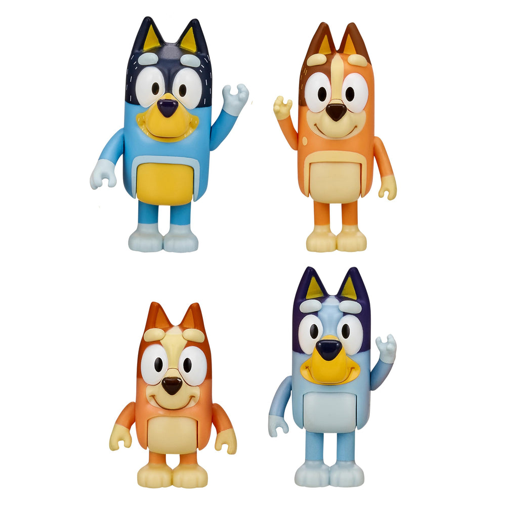 Bluey figures with articulated arms and legs enable dynamic action poses for kids aged 3+.