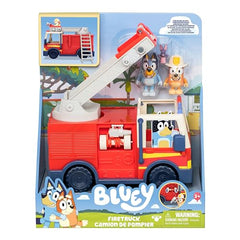 Bluey firetruck features Bluey figure for cooperative storytelling adventures.