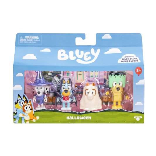 Bluey Halloween figures pack featuring four character miniatures for imaginative play.