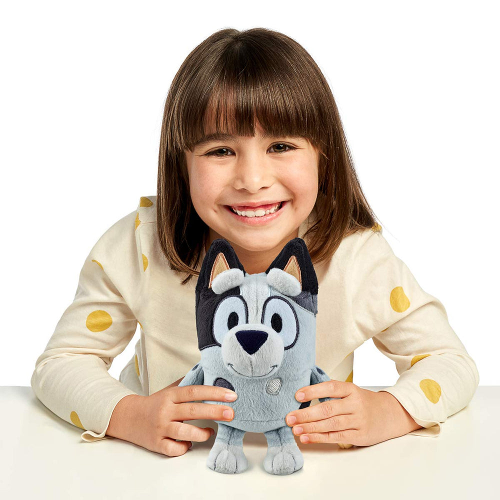 Bluey Muffin plush closeup fur detail highlights soft texture for gentle hugs.