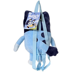 Bluey plush backpack side view showing compact 17 x 10 x 7 inches size for kids