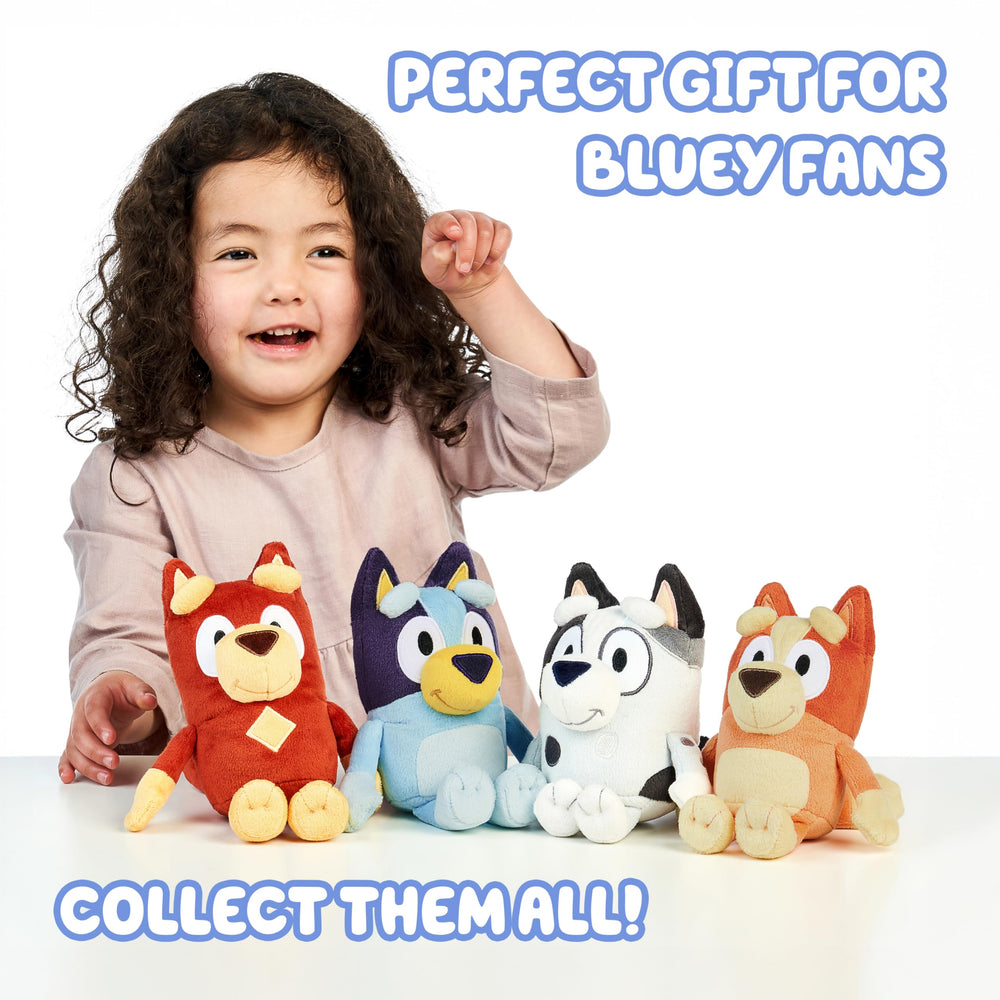 Bluey plush collection displayed on a kid-friendly shelf for easy gifting and display.