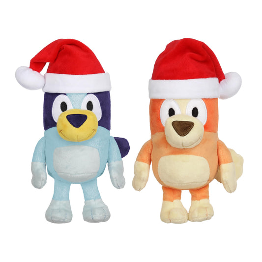 Bluey and Bingo in festive Santa hats plush duo for cuddling.