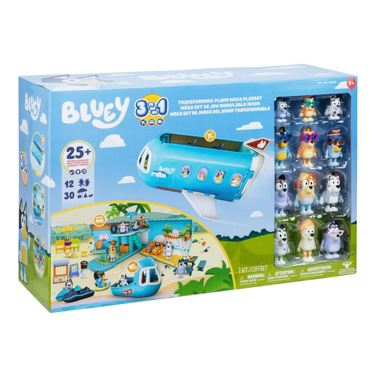 Bluey transforming plane ultimate mega set layout opens to reveal a two-level play area for imaginative play.