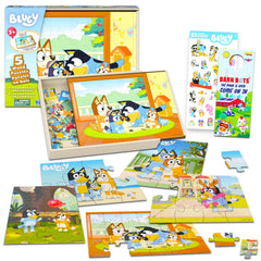 Bluey wooden puzzle set with holding tray for organized, kid-friendly play.