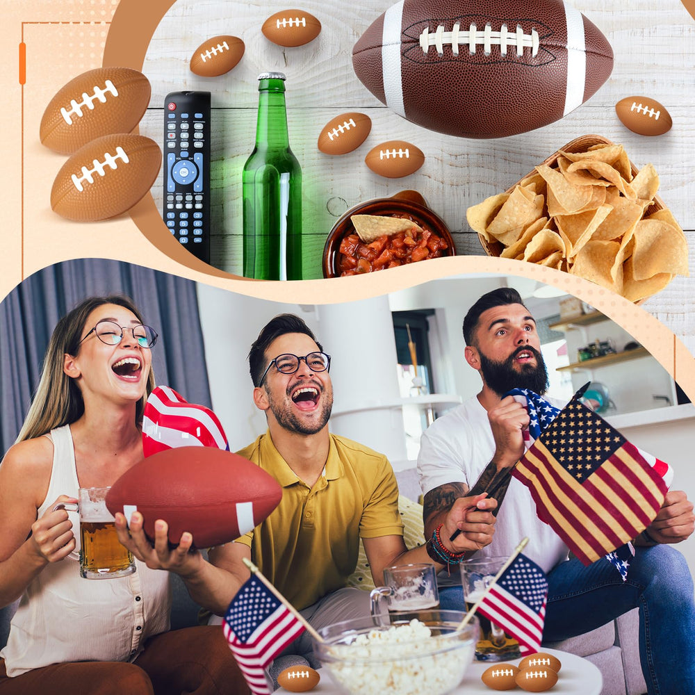 Blulu mini foam footballs used as party decorations and prizes.
