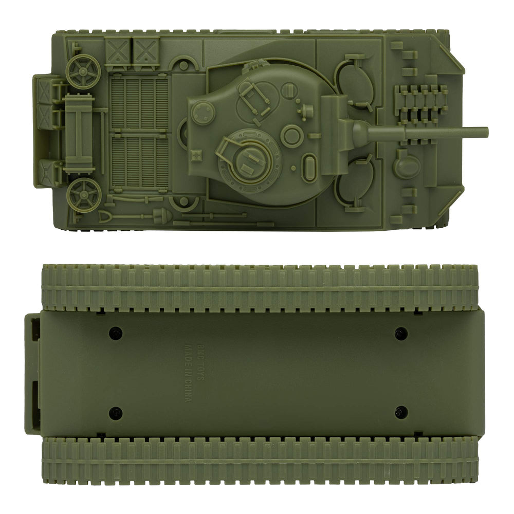BMC Toys Sherman M4 tank side profile showing durable olive drab construction.