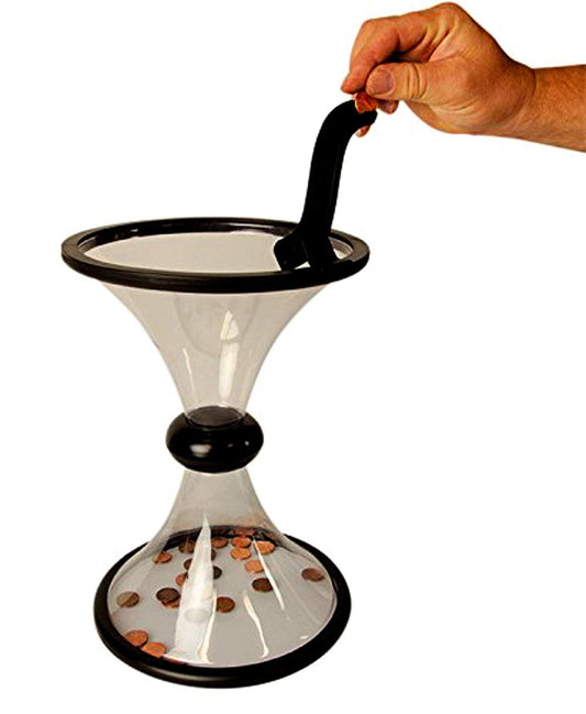 Bo-Toys Vortex coin bank with ramp showing coin circling into the chamber