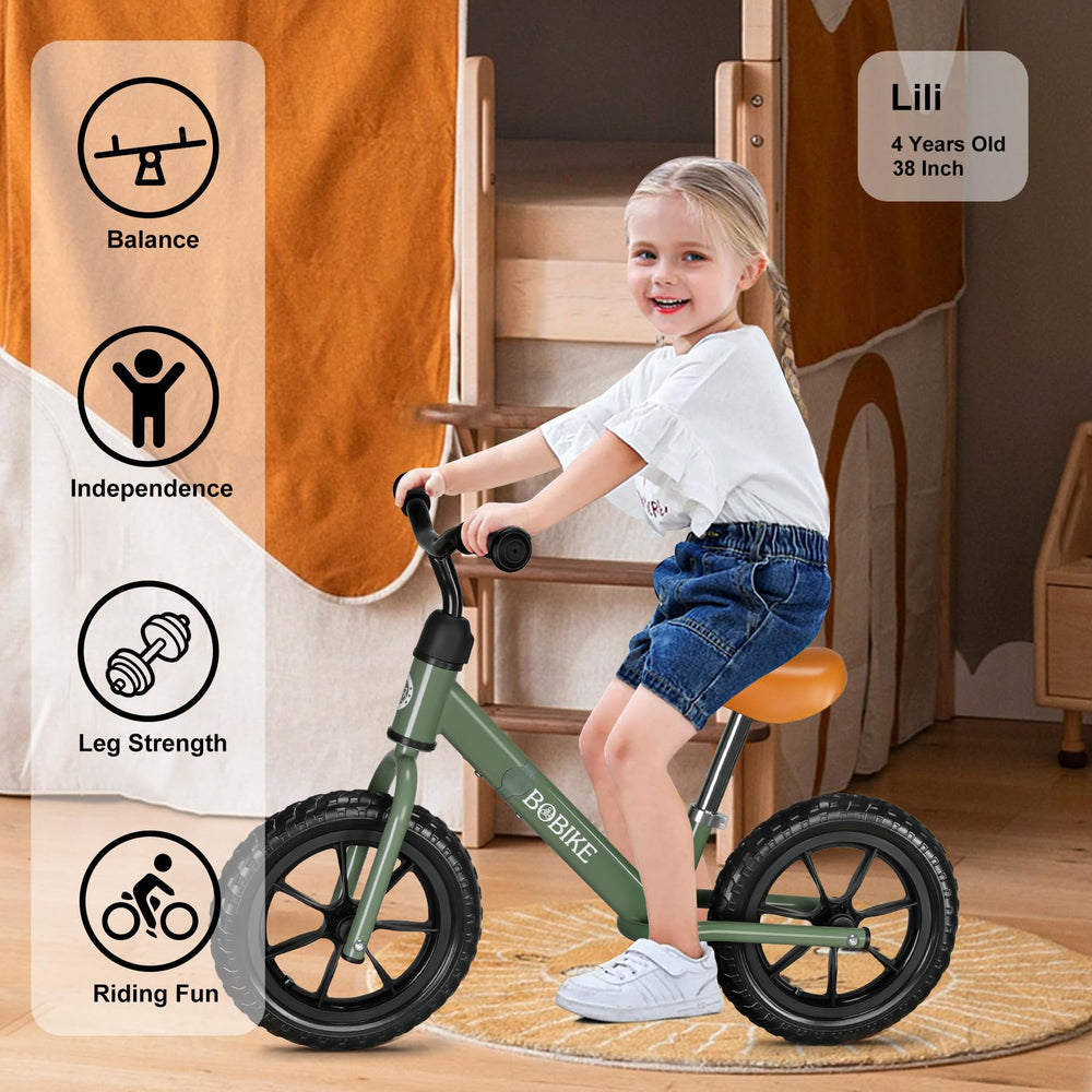 Bobike no-pedal balance bike helps learn balance before pedaling.