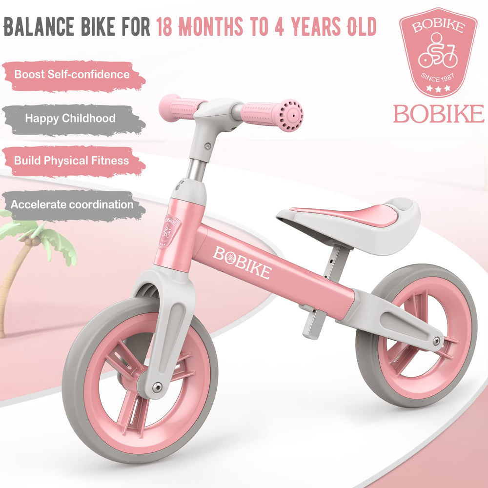 Bobike Toddler Balance Bike pink side view shows kid-friendly outdoor exploration