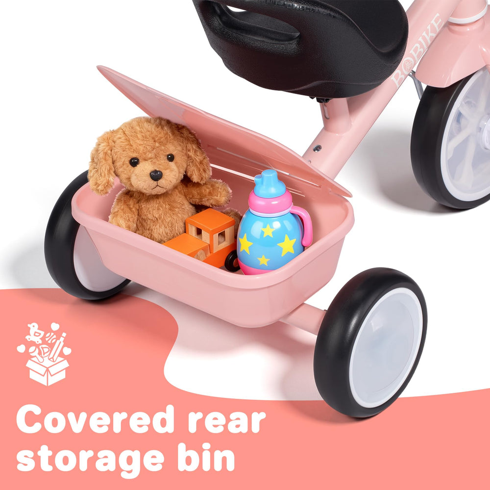 Bobike toddler tricycle rear basket stores toys during adventures.
