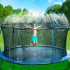 Bobor trampoline sprinklers being installed with the band around the frame for quick setup and secure fit.