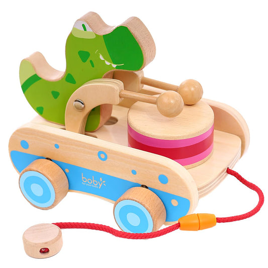 Boby crocodile pull toy with drum encourages walking and imaginative play.
