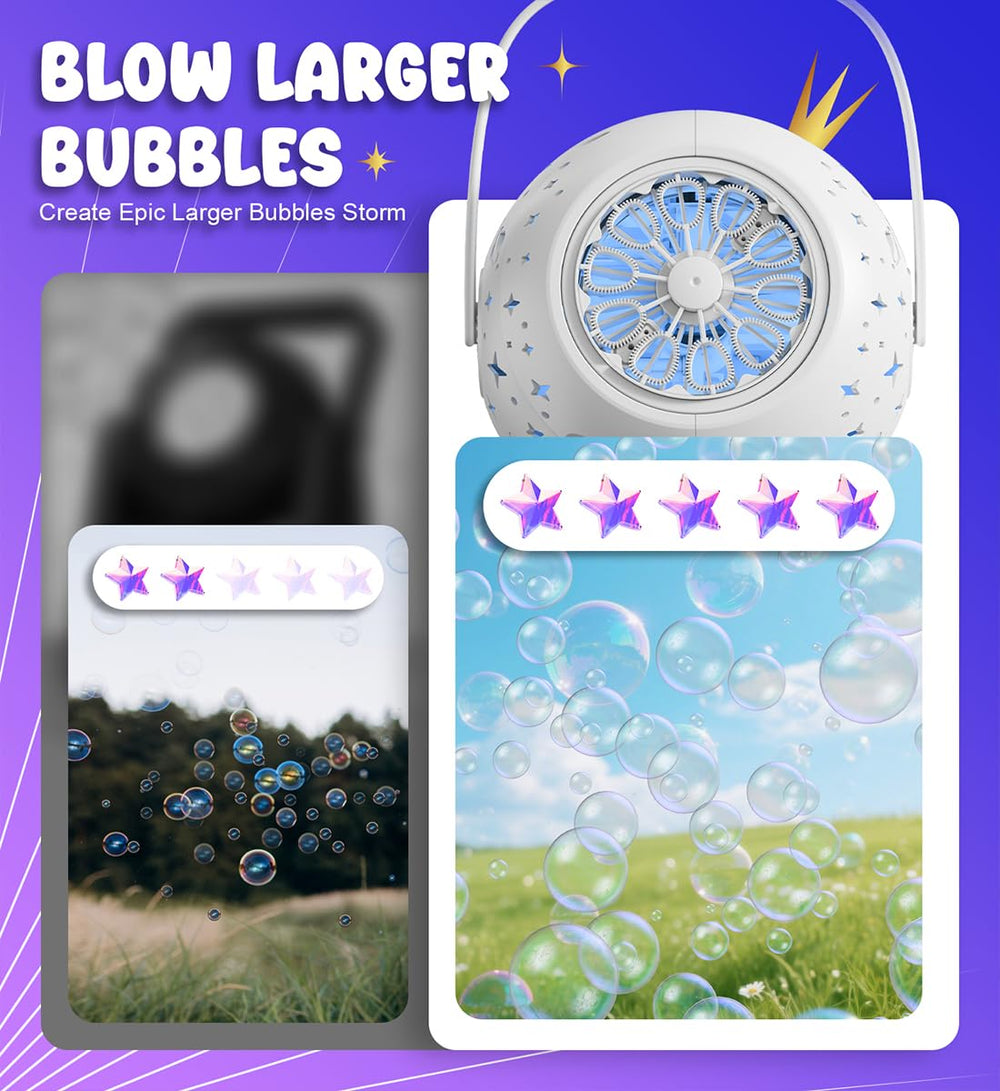 Boerfmo bubble machine delivers 30% larger bubbles for engaging backyard fun.