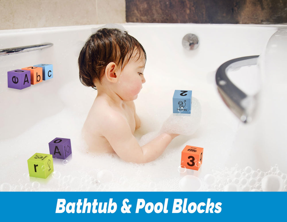 Bright, soft BOHS blocks float in water and attach to tiles during bath time.