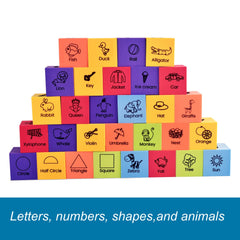 Sight words printed on BOHS blocks encourage early reading through tactile play.