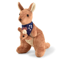 BOHS plush kangaroo with Australia scarf, cozy scarf detail, ideal as a comforting travel companion.