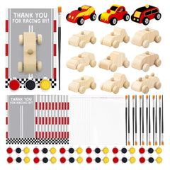 BOIKOKY Racecar painting kit wooden cars ready to personalize for take-home party favors.