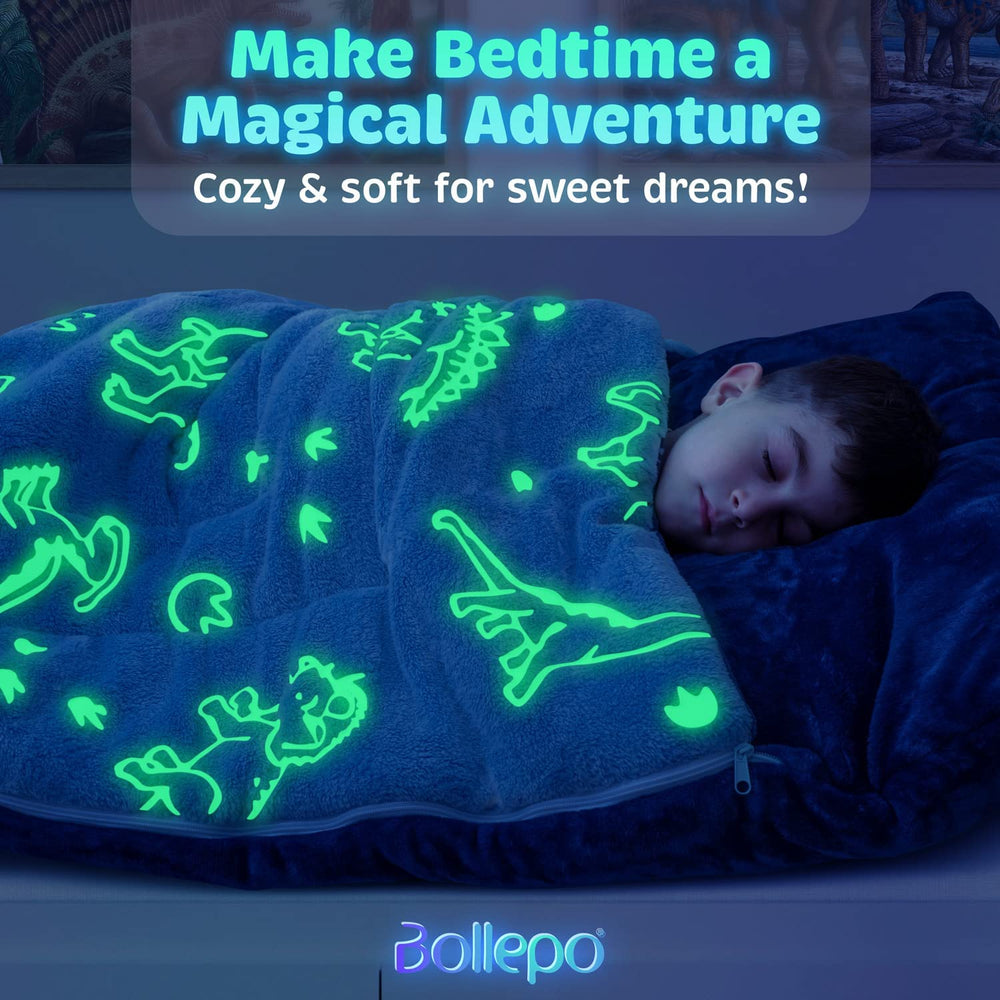 Bollepo kids sleeping bag with pillow pocket, cozy interior for naps and camping.