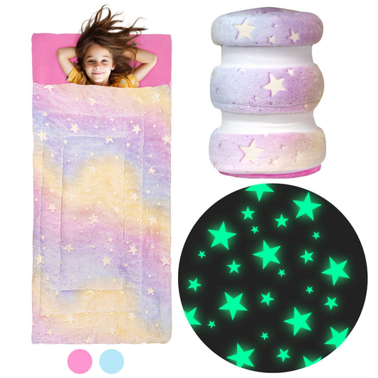 Bollepo Rainbow Glowing Stars sleeping bag for kids, cozy night-time adventures.