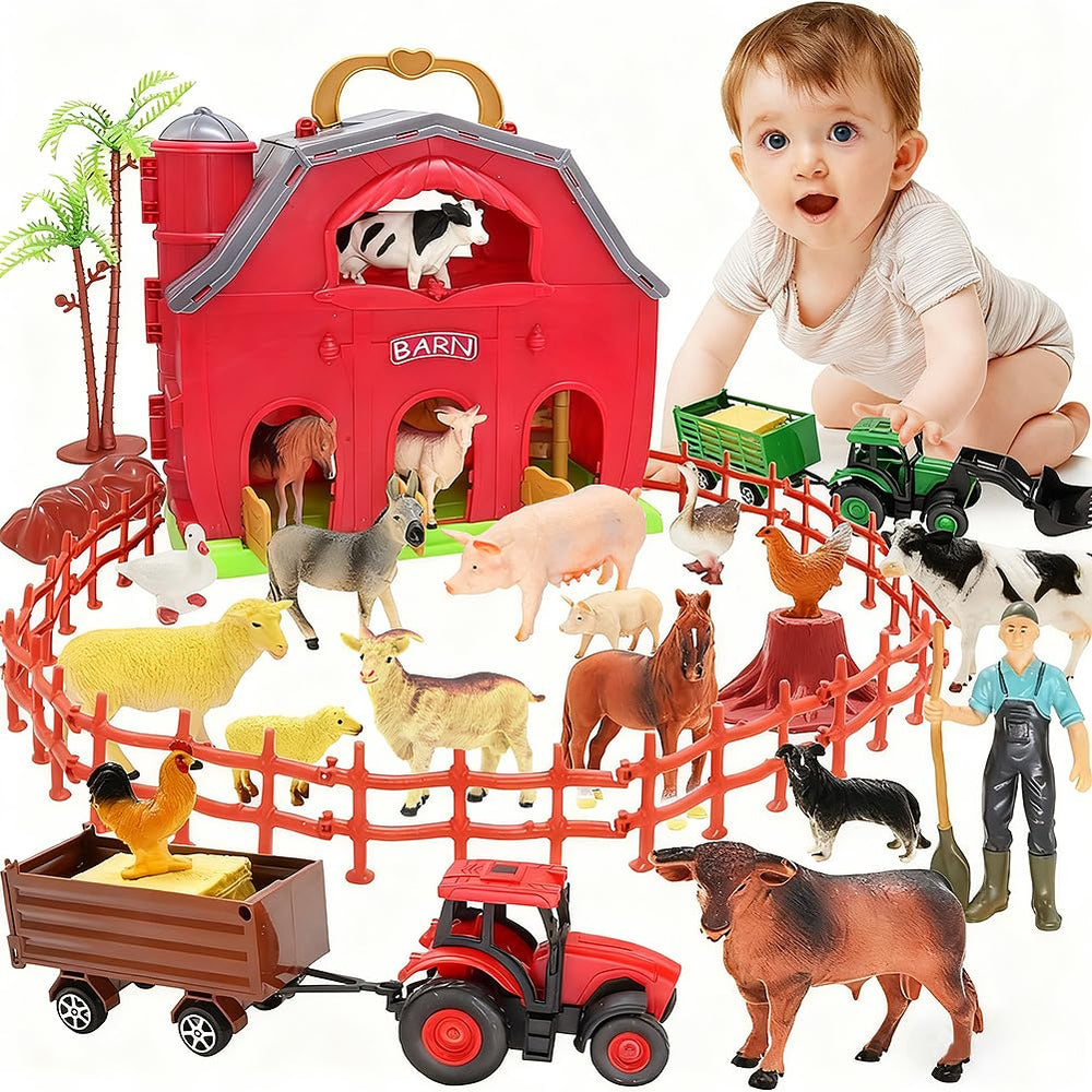 BOLZRA Farm Animals Big Red Barn Playset with colorful figures for imaginative pretend play