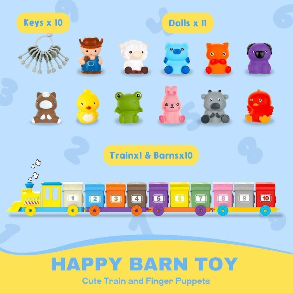 BOLZRA Farm Animals Train Toy: dual-color locks and keys boost dexterity.