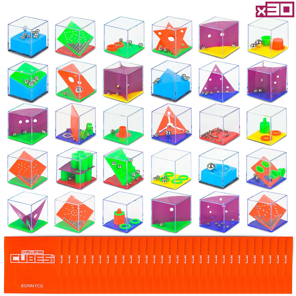 BONNYCO brain teaser cubes in assorted colors for kids' party favors and screen-free play.